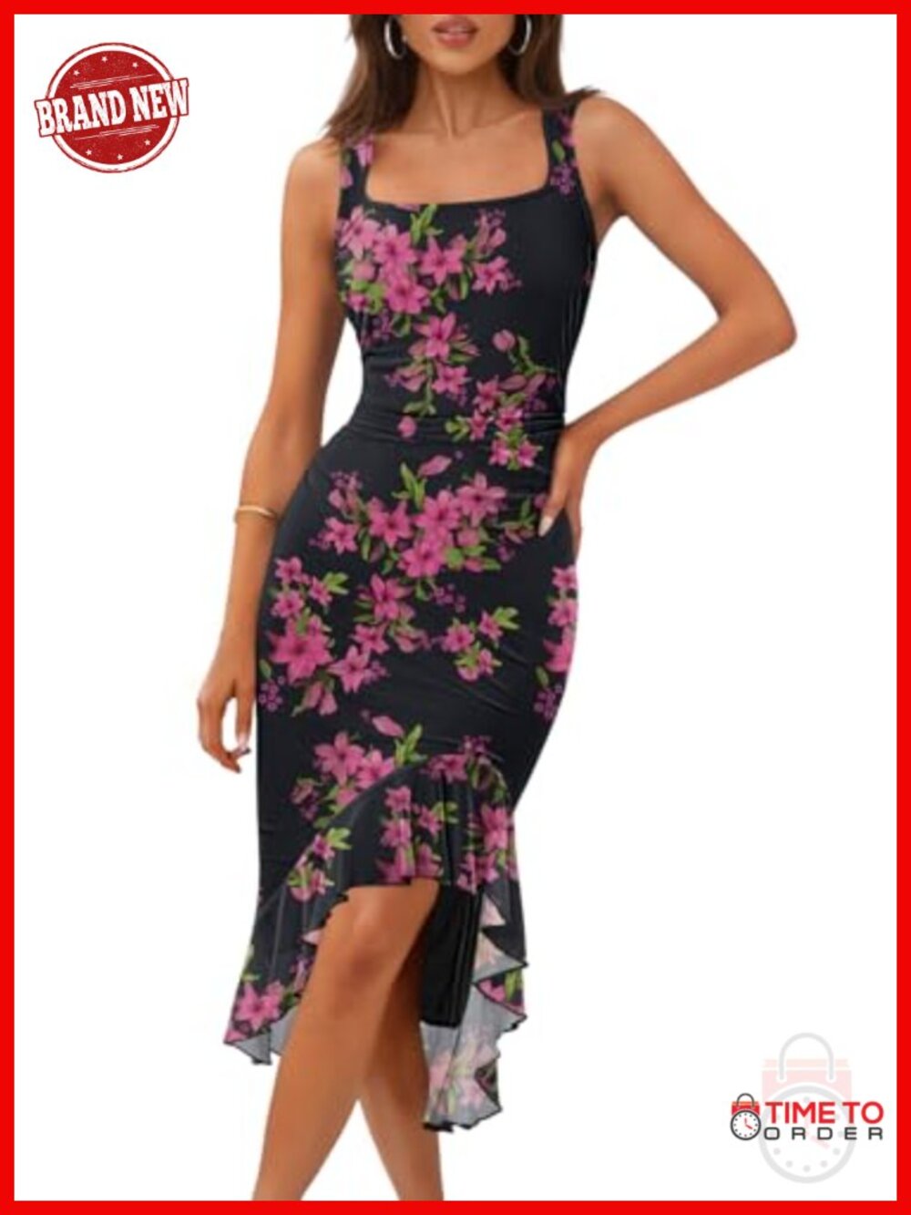 Sleeveless Floral Mesh Bodycon Midi Dress Square Neck Ruffle Hem